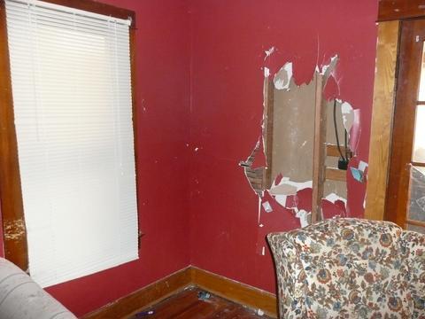 A room with red walls and floral chair
